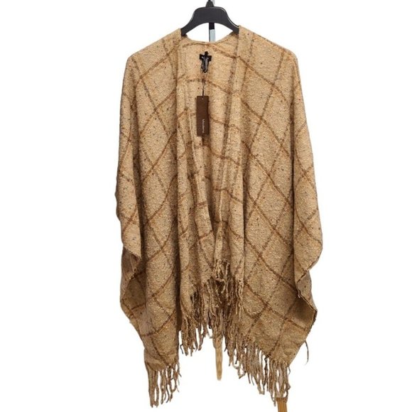 Modena Wrap Womens One Size Tan Window Pane Check  Fringed Poncho Ruana - Picture 5 of 7